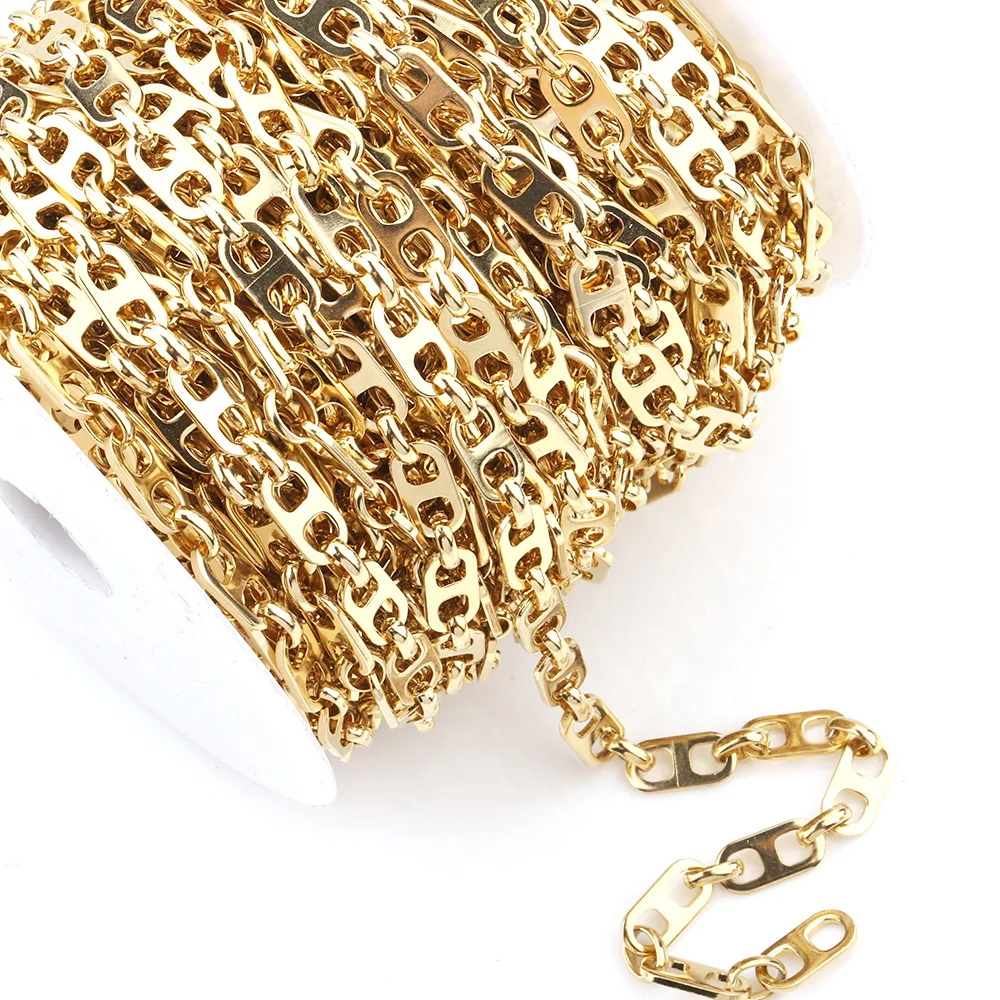 Exaggerated Gold Plated Stainless Steel 12.5*6mm Flat Anchor Chain Marine Chain Coffee Bean Chain For Necklace Bracelet Making