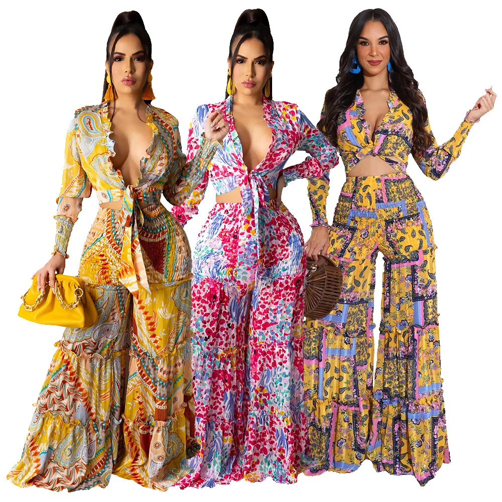 Bohemian Floral Print Tie Up Maxi Pants Two Piece Sets Ladies Clothing Long Sleeve Ruffles Crop Top And Wide Leg Pant Set