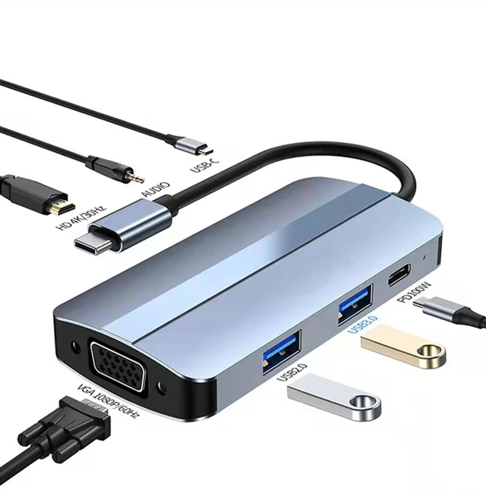 High Speed type c 8 in 1 hub USB3.0+USB2.0+HDTV+USB-C PD+3.5mm Audio+VGA+TF / SD USB-C extension hub charger & adapter