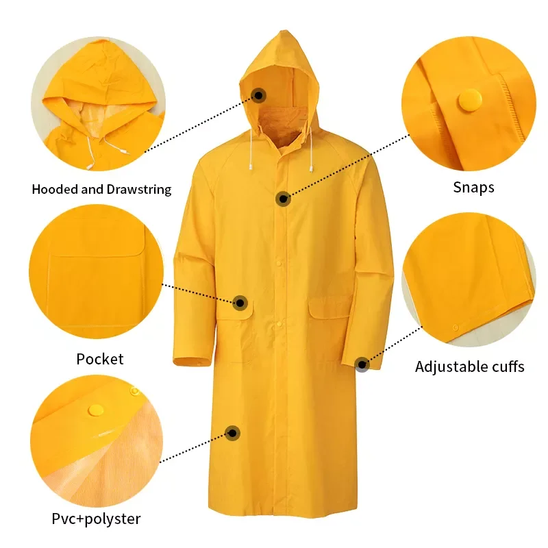Fashion 100% Water Proof Rain Jacket Long PVC Polyester Hooded Raincoat for Work and Tour Rain Gear
