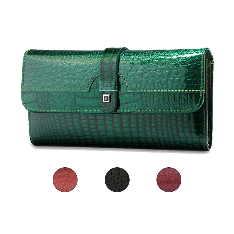 Luxury Genuine Leather Cowhide Wallet Women Crocodile Pattern Long Clutch Ladies Purse Card Holders Patent Glossy Wallet