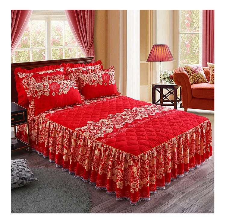 wholesale 3pcs Printed polyester cotton skirt quilted queen king size luxury Bedding Sets Bed sheet