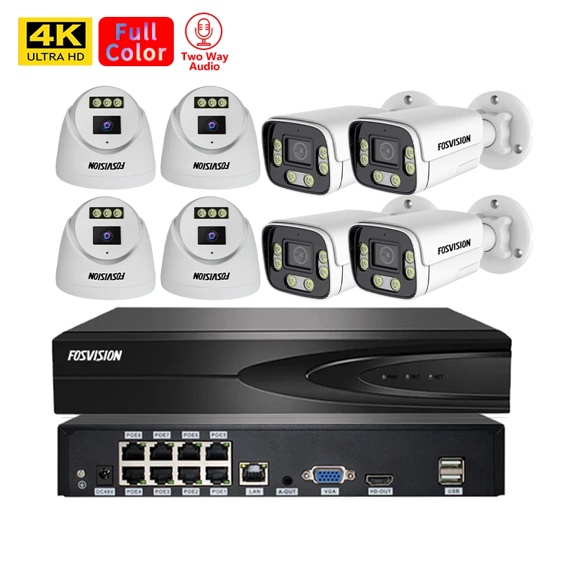 Fosvision 4k 8mp Ip Poe Camera System Hd Video 8ch Poe Nvr Camera Kit Set 8 Channel Nvr Home Security Cctv System Two Way Audio