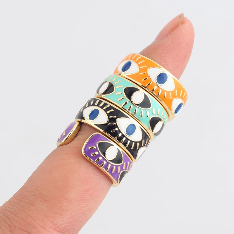 White Pink Blue Enamel Engrave Cute Lovely Turkish Evil Eye Rings Wide Gold Color Rings For Women Drop Shipping