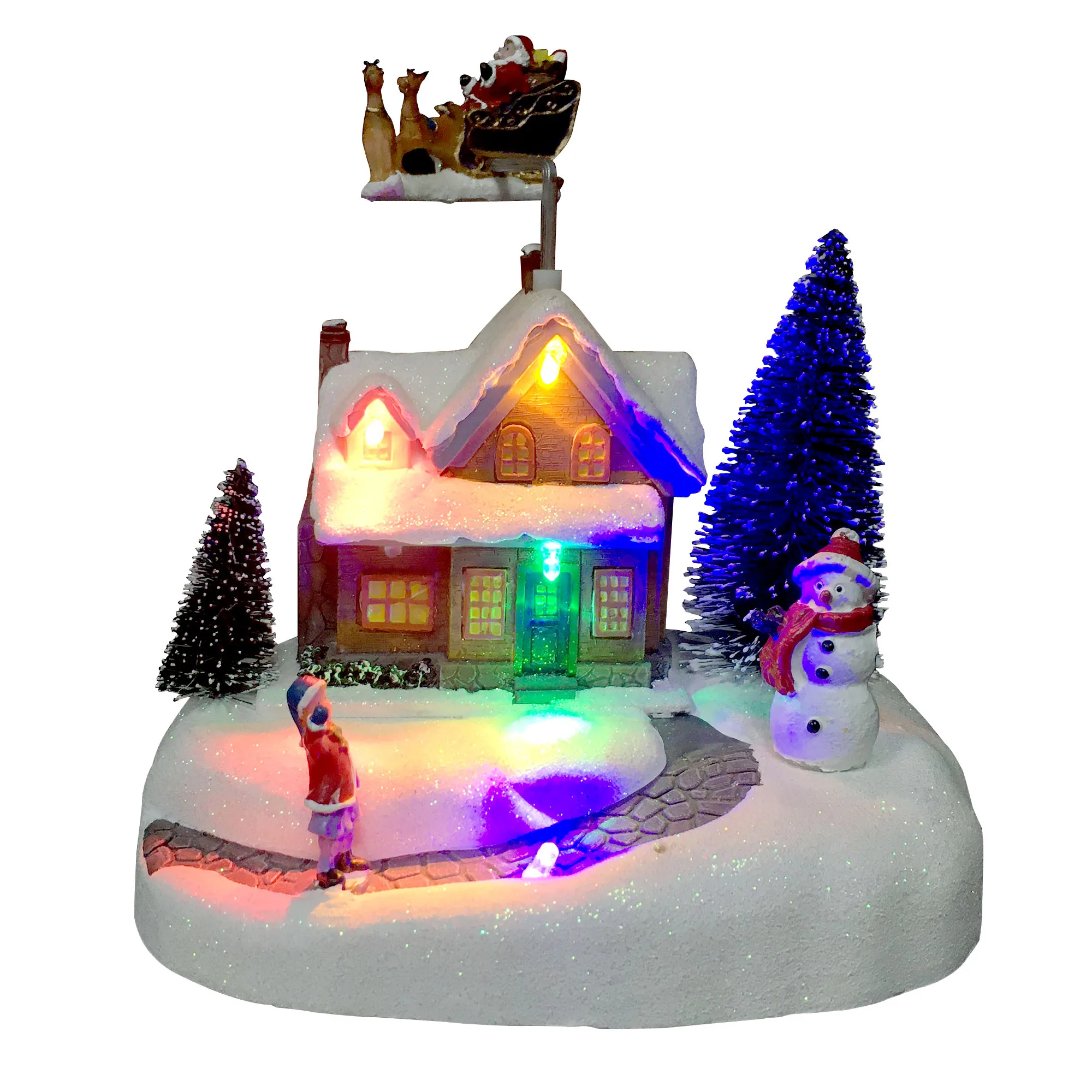 LED light up animated Santa Flying resin musical Christmas village for seasonal decor and gift