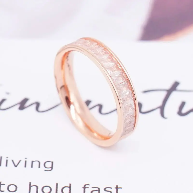 New Fashion Colorful Explosion Stone Ring with Zircon Rose Gold Titanium Steel CZ Setting Ring for Girls