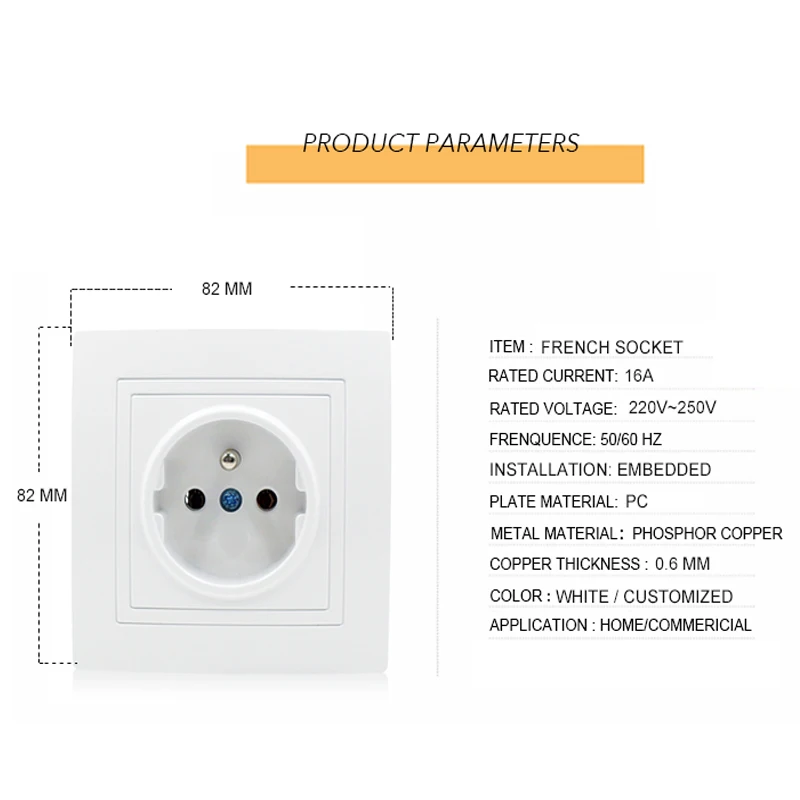 Hot sale Eu type wall socket 220V 16A white pc panel copper high quality french socket 10 years warranty