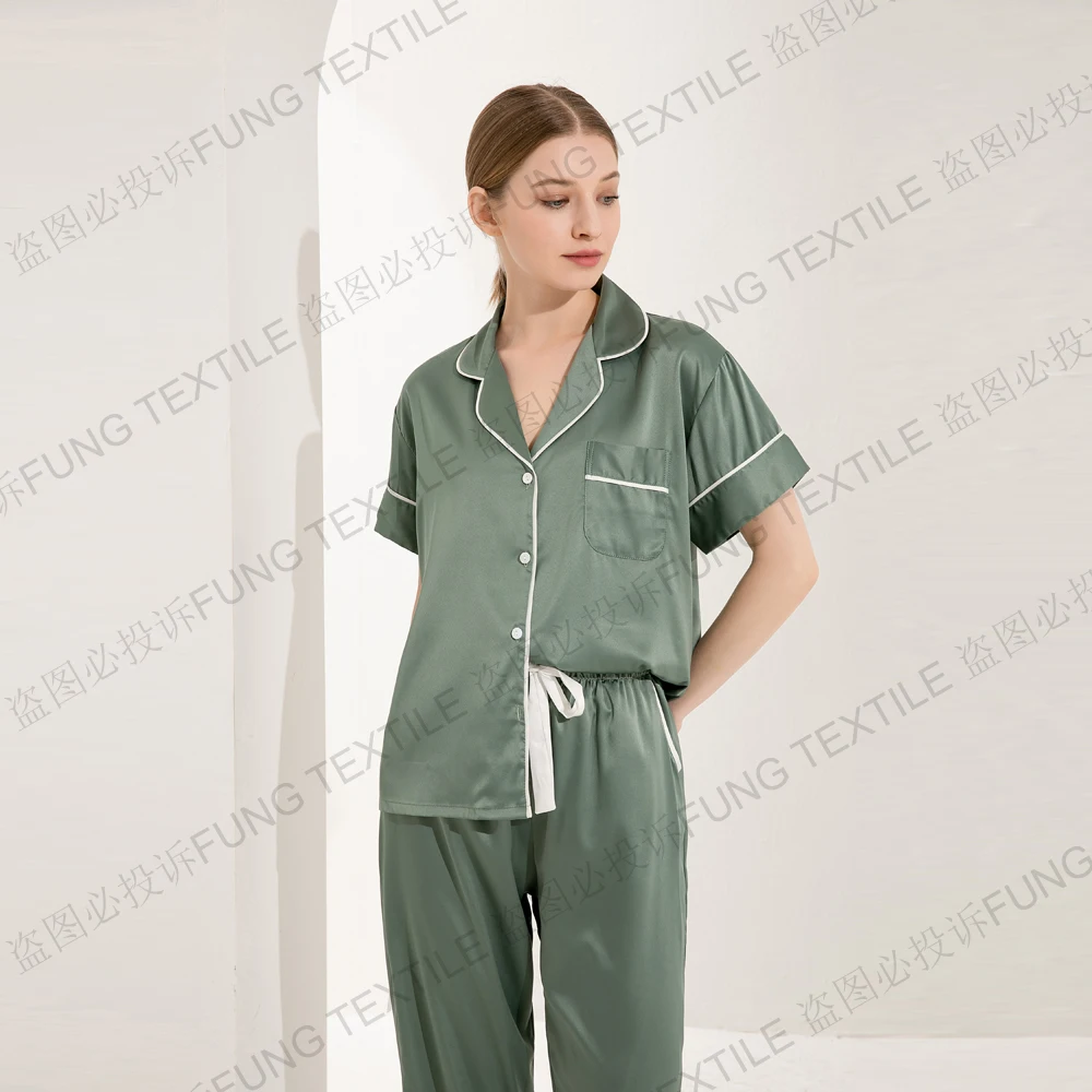 FUNG 6028 Womens Pajamas Set Short Sleeve Two-Piece Pjs Silky Sleepwear Nightwear