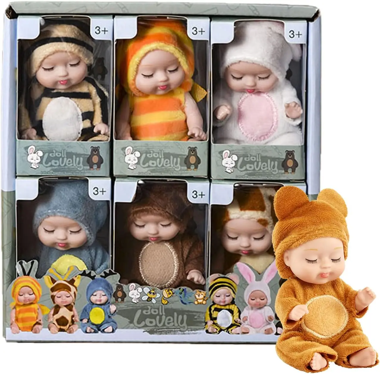 4 Inch Mini Baby Dolls 6pcs Gift Set, Cute Small Baby Doll Toys with Animal Clothes, Suitability Kids 3 and up