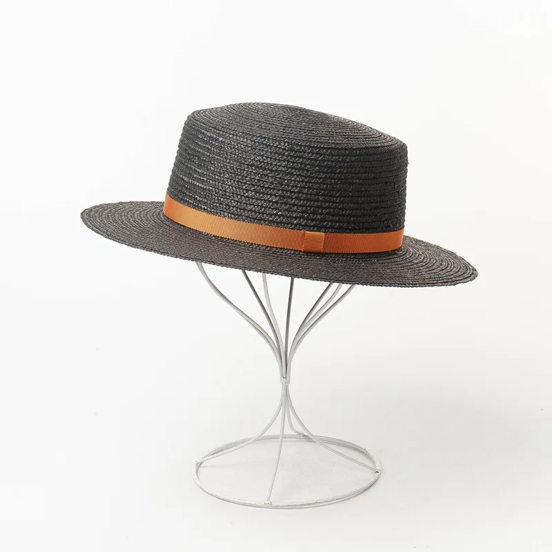 Multicolored woven ribbon decorated flat top straw hat