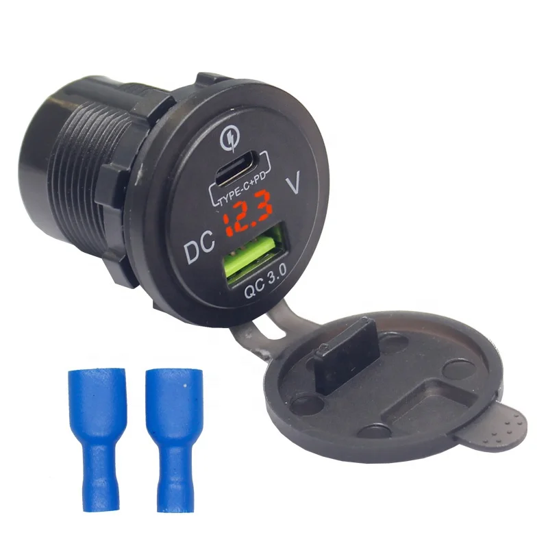 Universal Dual Port 12V 24V Bus Car Socket QC3.0 USB Type C 20W PD Car Charger With Voltmeter