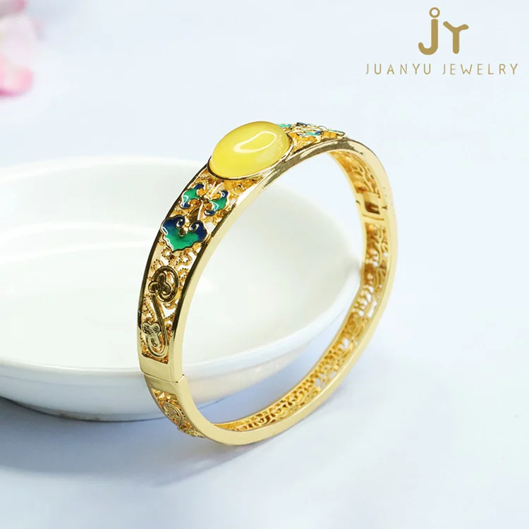Hollow Out Gold Plated Brass Bangle Fashion Jewelry Cloisonne Amber Bangles for women Natural Stone Amber Bangles Wholesale