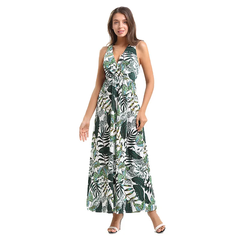 PDEP 2022 new V neck  sleeveless women long maxi dress elegant high waist loose fancy  flower ladies beach bohemian casual dress
