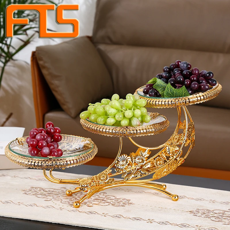 FTS cake stand luxury round glass tray wedding gold pedestal display set metal party 3 tier fruit plate