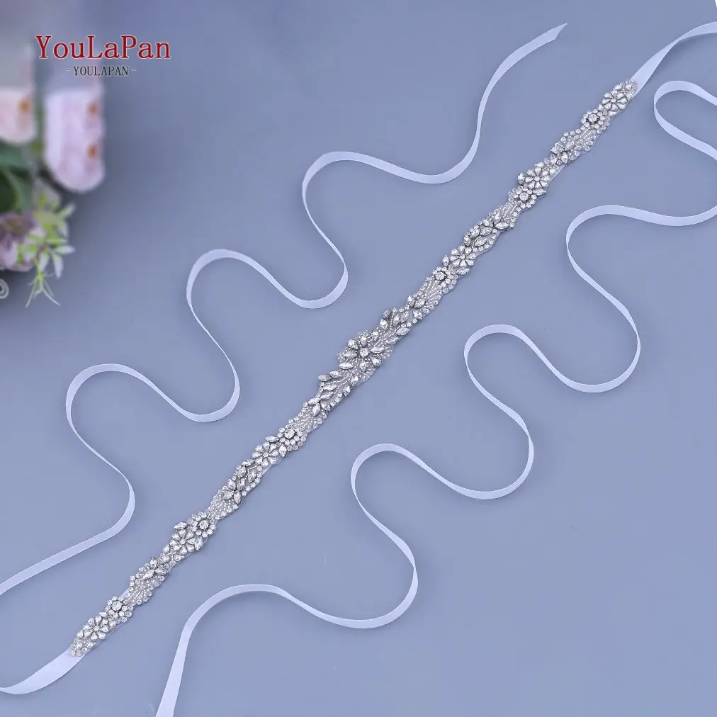 YouLaPan S491 Wedding Sash Sparkling Rhinestone Beaded White Ribbon Belt Party Prom Waist Accessories Bridal Satin Sash