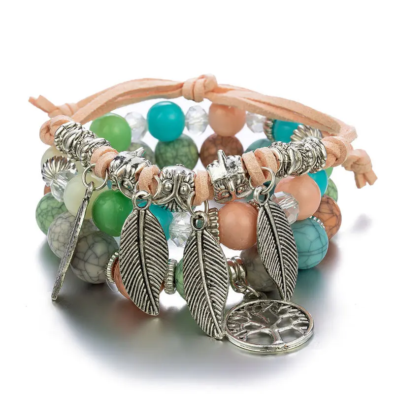 Classic Korea Cord Owl Leaf Charm Pendant Women Jewelry Elastic Life Tree Pine Stone Beads Bracelet Set Kit