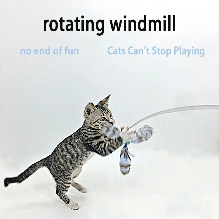 Factory wholesale new windmill long pole hunting wire natural feather rotating windmill teaser cat wand self hi with bells