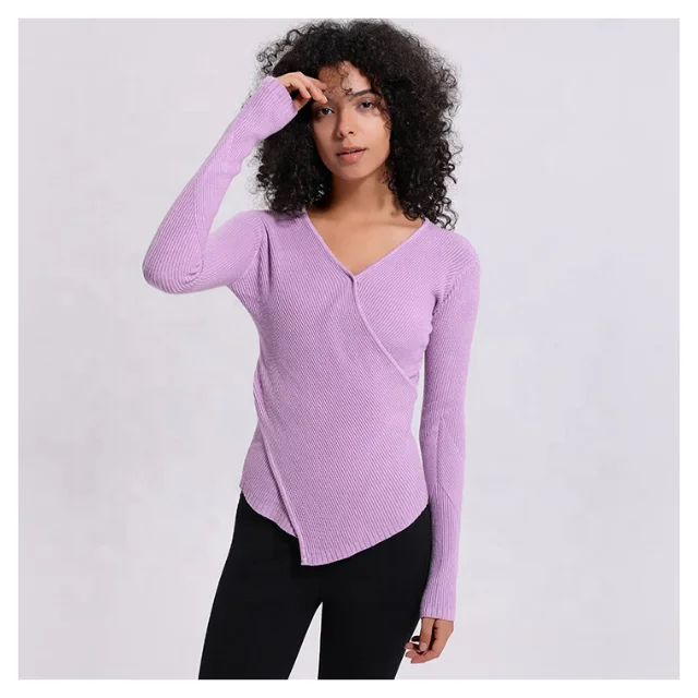 
Women Long Sleeves Sports Tracksuit Skinny V Neck Woolen T Shirt Winter T Shirt With Custom Logo 