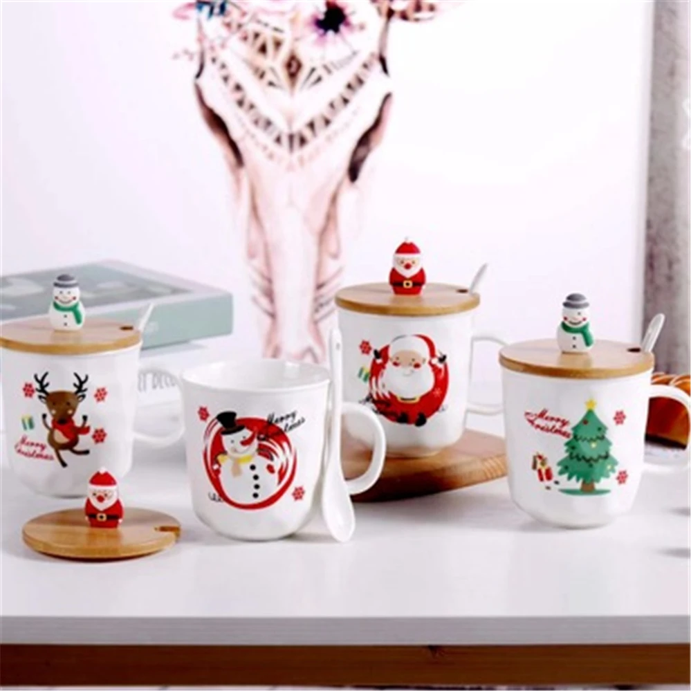Christmas Cartoon Cup Creative Ceramic Cup Custom Wood Cover Mug Fashion Office Coffee Cups