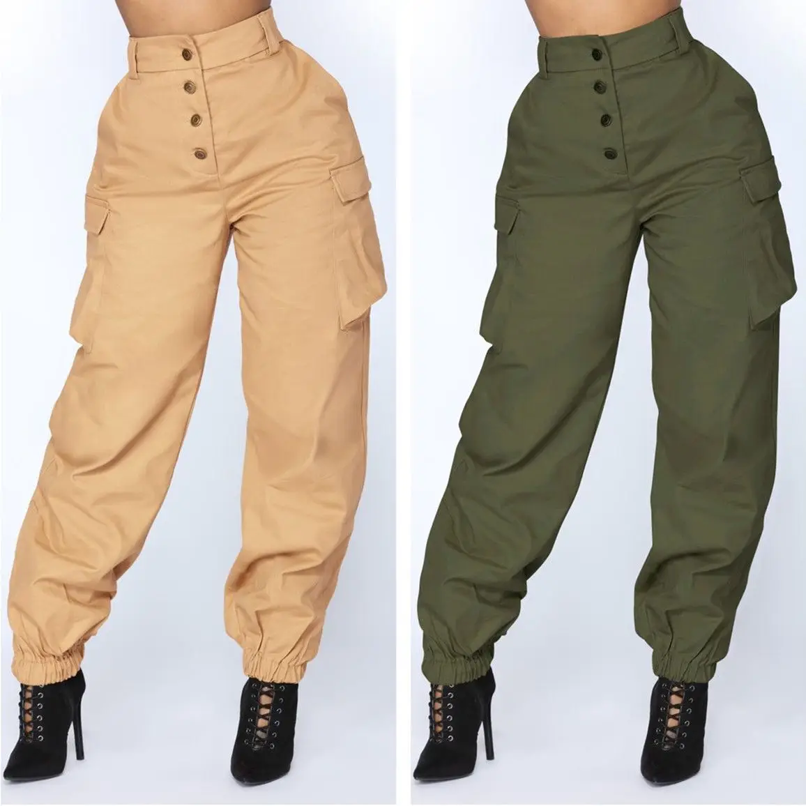 2022 custom logo dropshipping army green high waist casual cotton mix multi pocket streetwear black cargo long baggy pants women