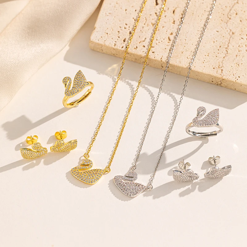 New Stainless Steel 18K Gold Necklace Elegant Temperament White Swan Fine Jewelry Sets Light Luxury Zircon Necklaces for Women