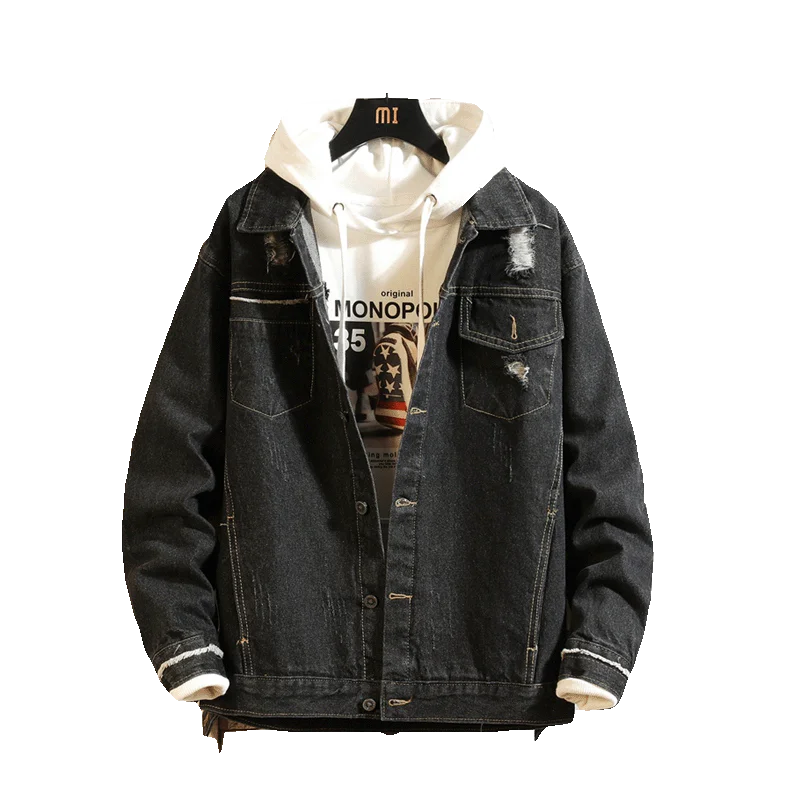 
Cotton And Viscose Loose Fit Jeans Poker Mens Streetwear Casual Black Hip Hop Denim Jacket For Men 