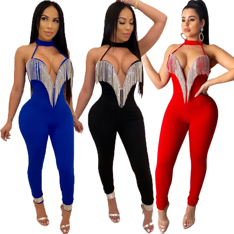 H3010 latest design tassel black v neck sleeveless red bling party corset open chain blue skinny one piece jumpsuits
