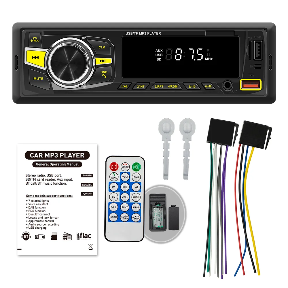 Factory supply 12V 1 din fixed panel colorful lights LED display retro car radio with usb fm bt aux in radio automotive