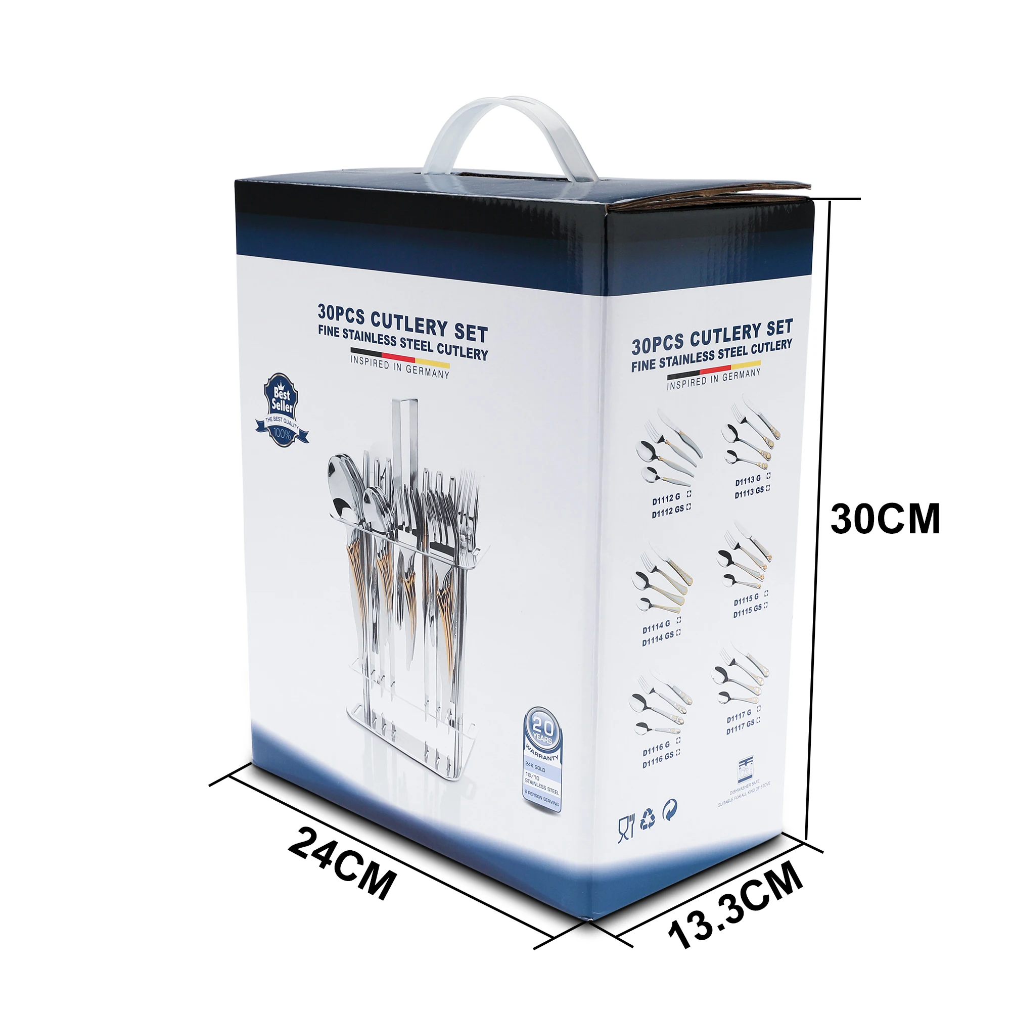 Gold flatware set 30pcs stainless steel cutlery set spoon and fork with metal stand holder in cutlery box