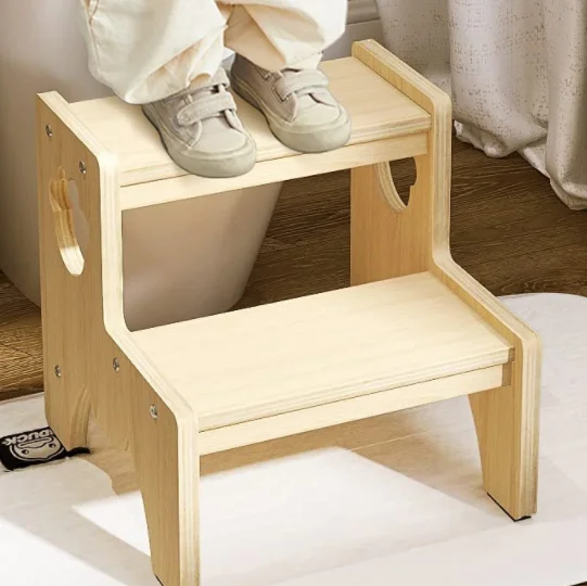 Natural Wood 2 Tier Anti-Slip Kitchen Helper Ladder Chair Toddler Bathroom Step Stool