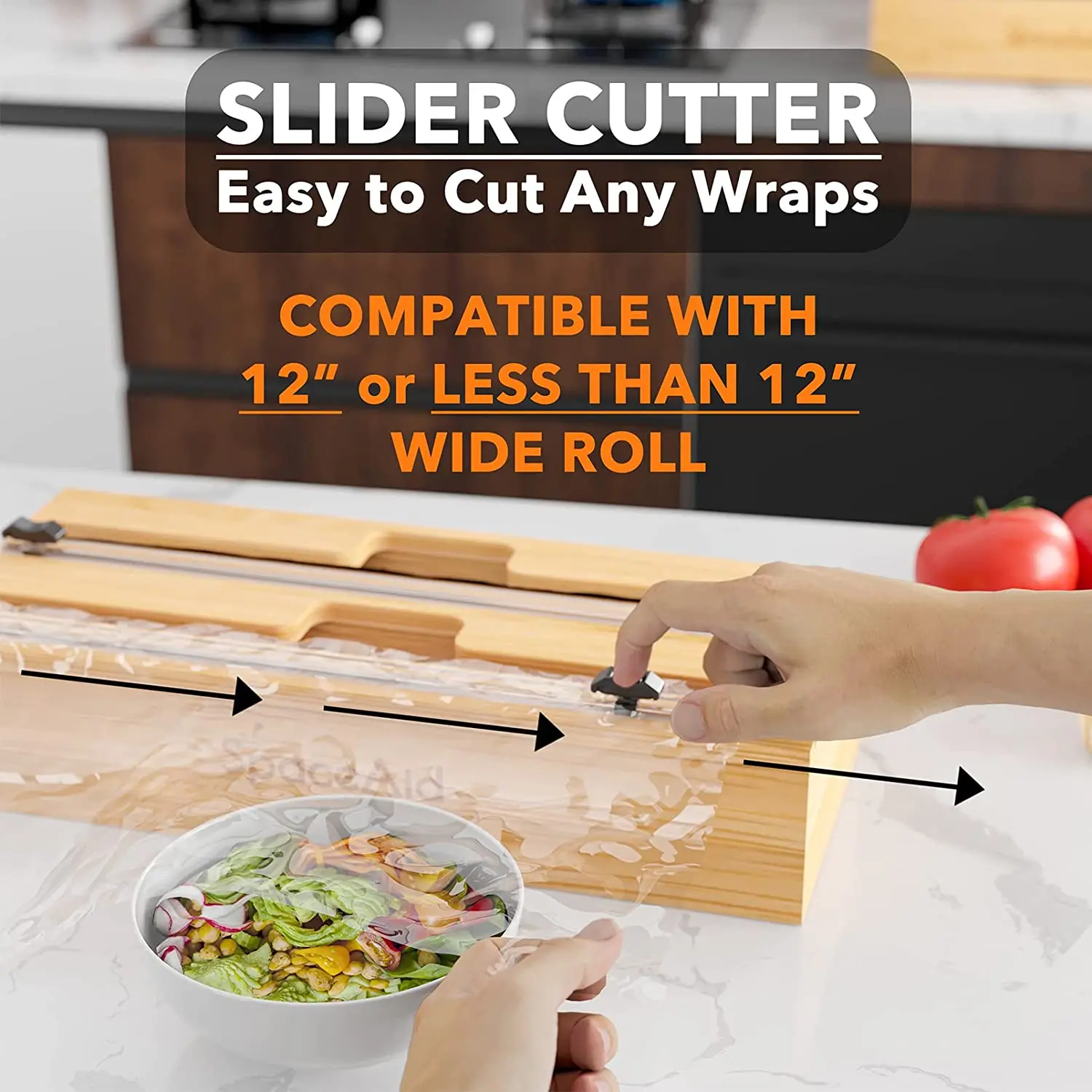 Bamboo Wood Foil Cling Food Shrink Plastic Wrap Dispenser with Slide Cutter