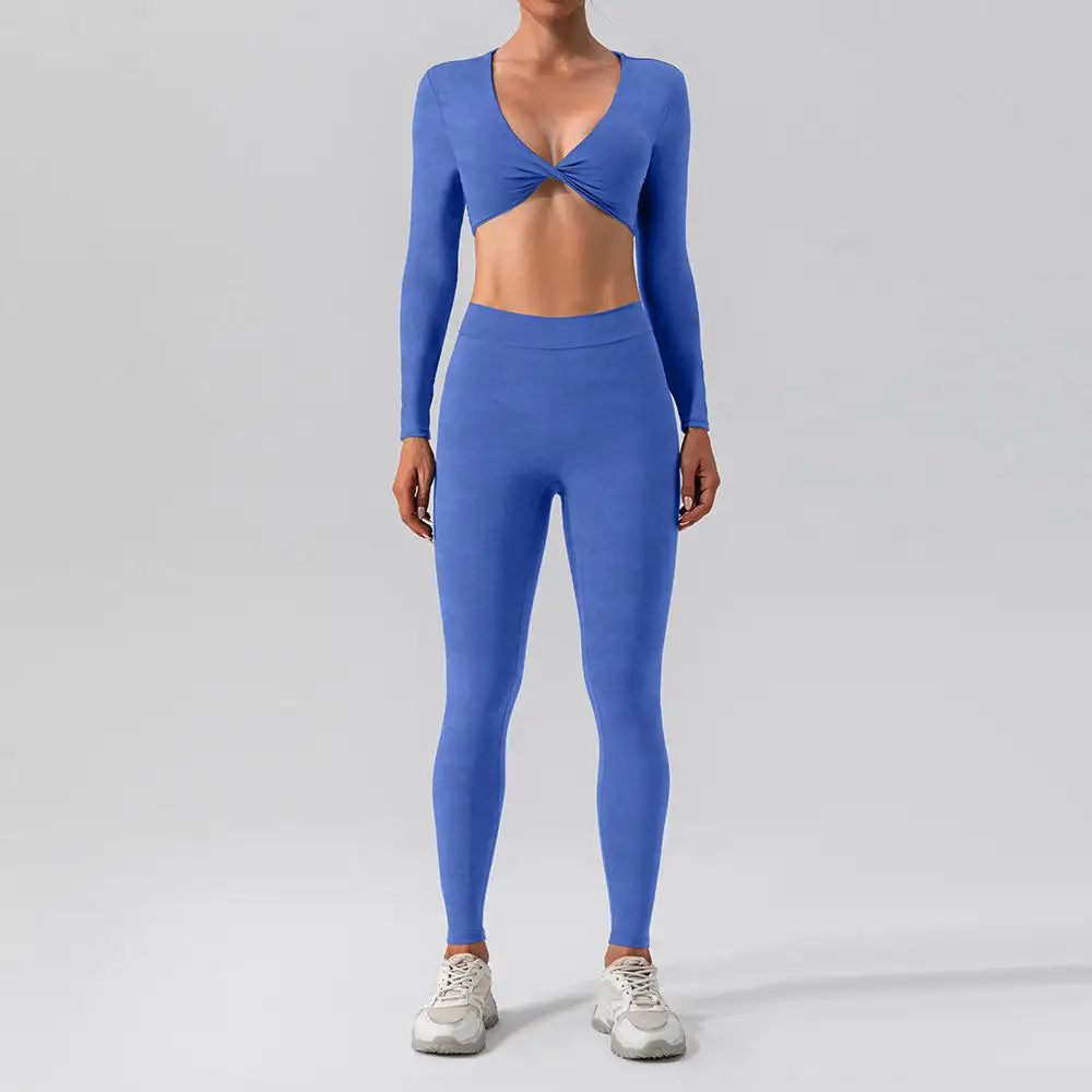 Joyyoung Wholesale 2 Piece High Waist V Back Leggings with Sexy Tops Sportswear Workout Clothing Gym Fitness Sets for Woman