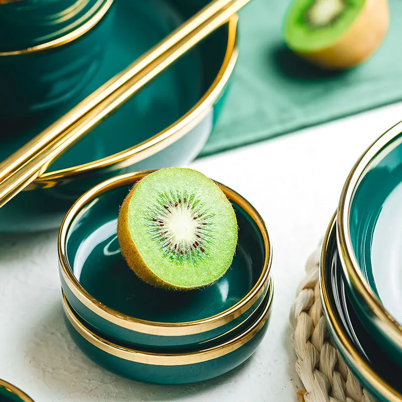 emerald green dinnerware gold rim tableware set ceramic home rice bowl western plate dishes