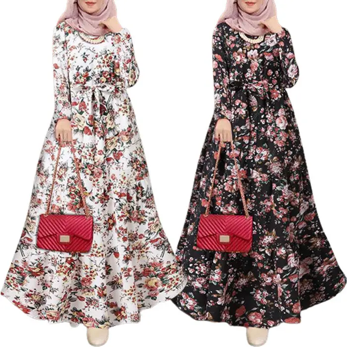 2023 Elegant Floral Muslim Dress Women Printed Sundress Kaftan Turkey Abaya Hijab Vestidos Belted Female Robe Islam Clothing
