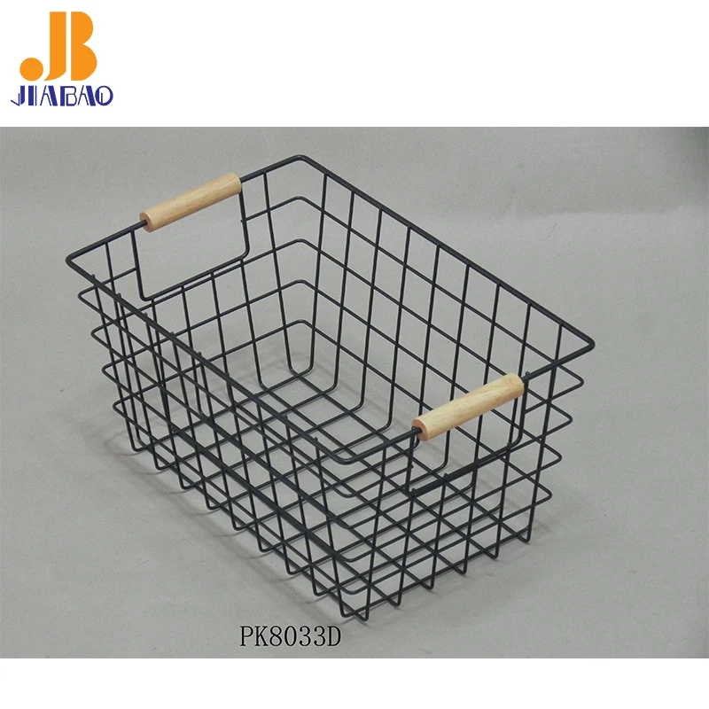 Wholesale powder coated white color metal toys organizer baskets with wood handle kitchen wire fruit vegetables storage baskets