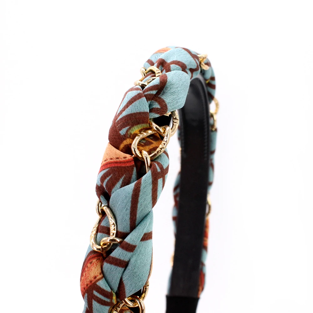 IFOND Vintage Metal Chain Hairbands Satin Fabric Printed Bowknot Ribbon Headbands Fpr Women Makeup