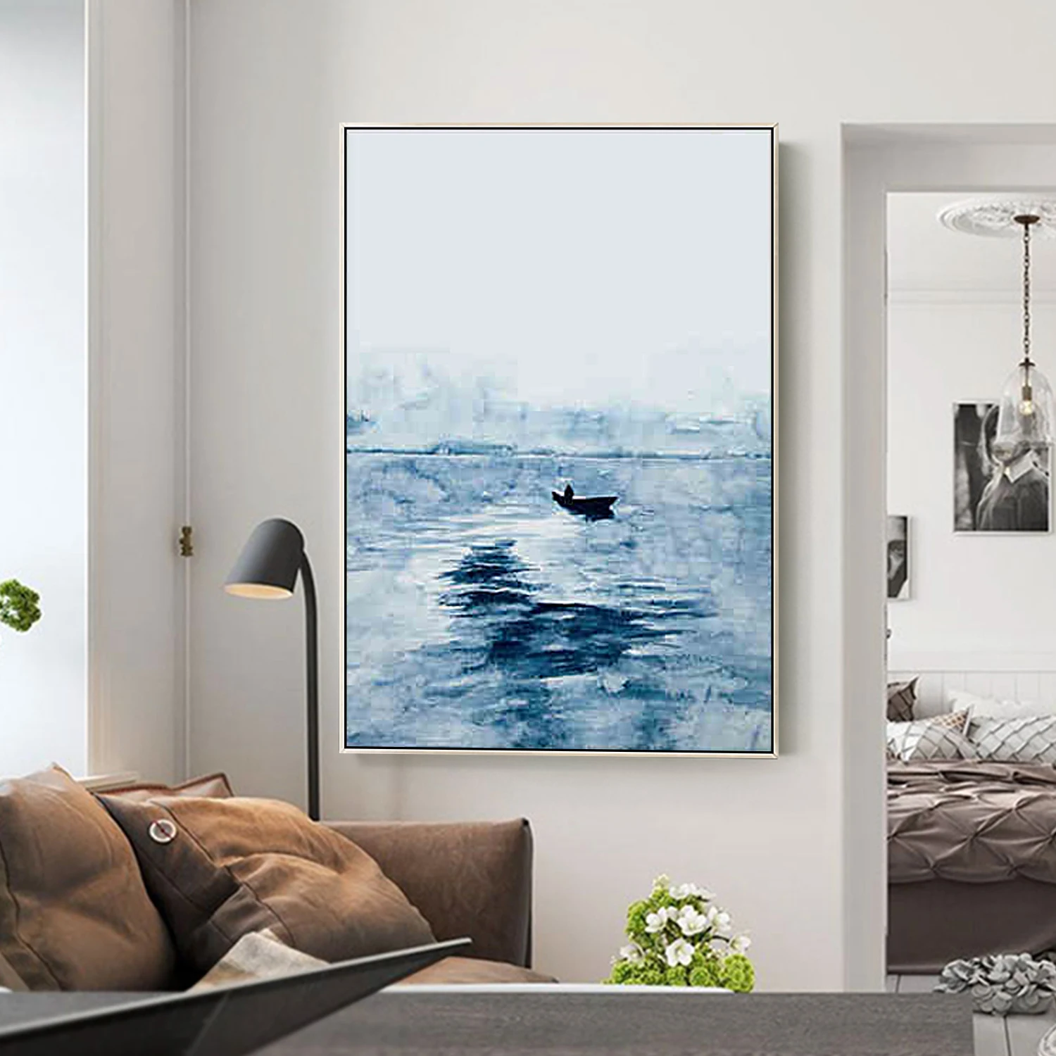 
Abstract blue seascape art canvas painting acrylic paintings on canvas boat ship wall pictures wall art home decor large paint 