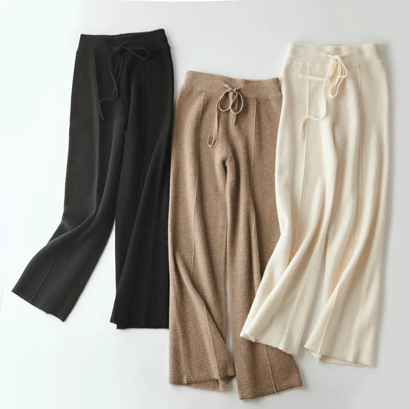 Women Waffle Knit Loose Wide Leg Casual Cashmere Pants with Drawstring
