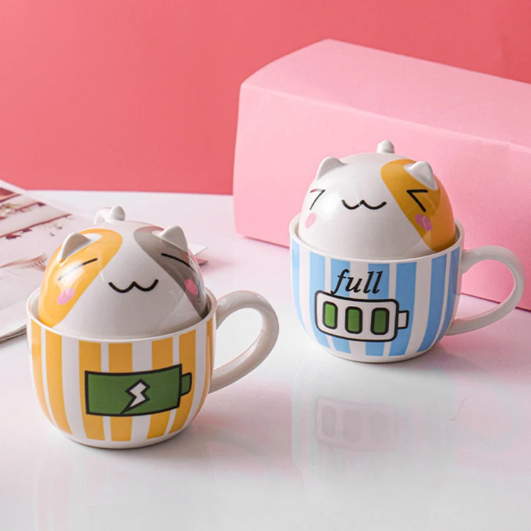 
Ins Creative Cartoon Cat Ceramic Cup Mug Simple Couple Drinking Breakfast Coffee Cup with Lid 
