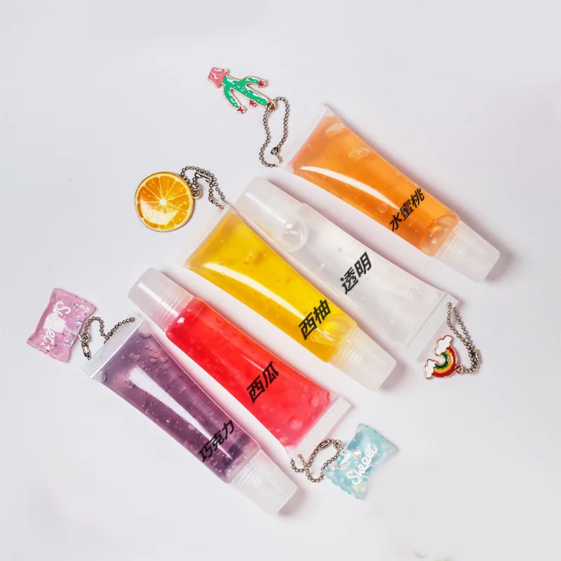 Logo free lip gloss keychain fruit flavor fading lip lines rainbow moisturizing lip gloss