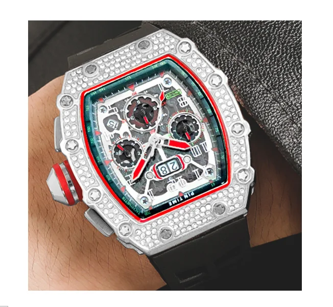 Custom Logo Tonneau Mens Sport Watches Silver Diamond Big Face RM Watch For Men Wrist Luxury Quartz Watches Waterproof