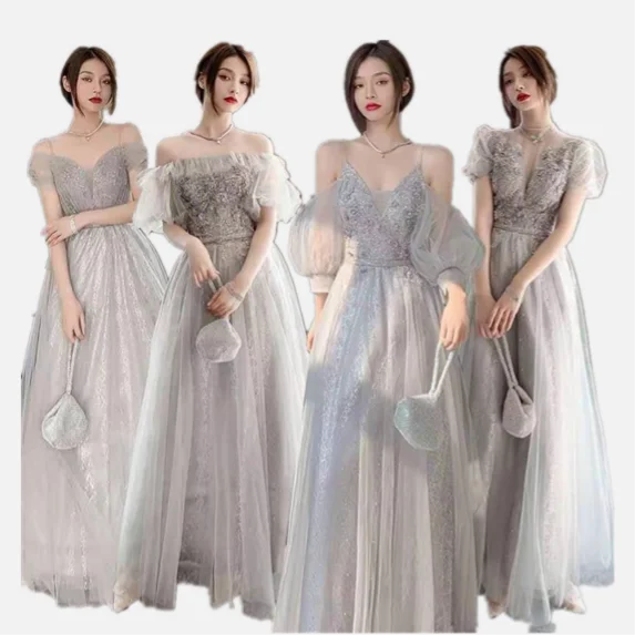 Grey Glittering  Bridesmaid Wedding Dress Women Fairy 2021 Sisters Long Flare Satin Tulle Evening Dress