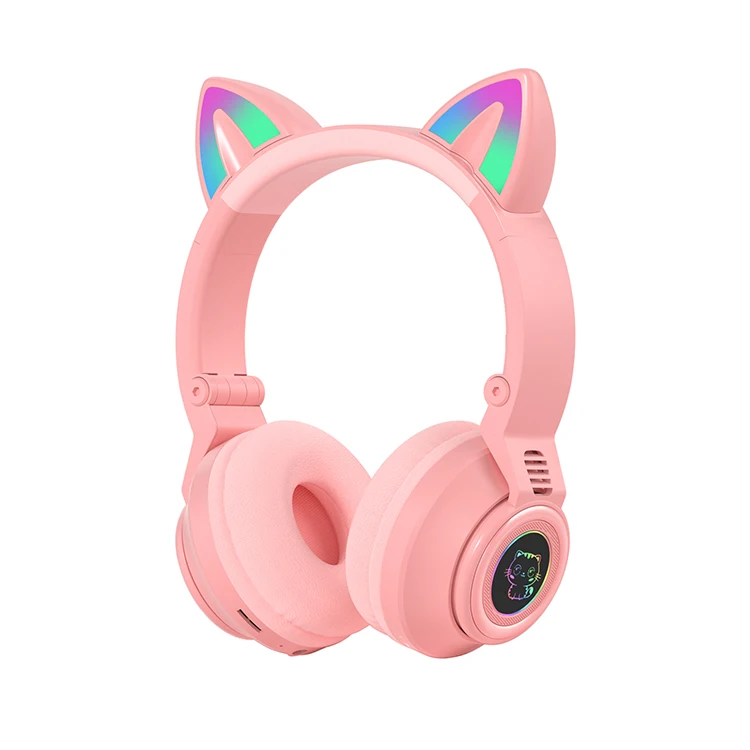 Custom Logo Kids Headphones Deep Bass TWS Headset P47 Color Stylish Cat Ears LED RGB Wireless Earphones For Girls Children