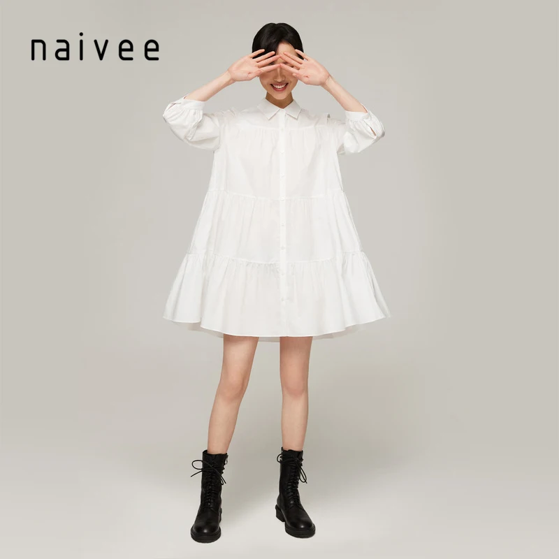 
naivee spring series women button-up dress office lady 100% cotton bubble sleeve knee-high shirt dress flare dress artistc 