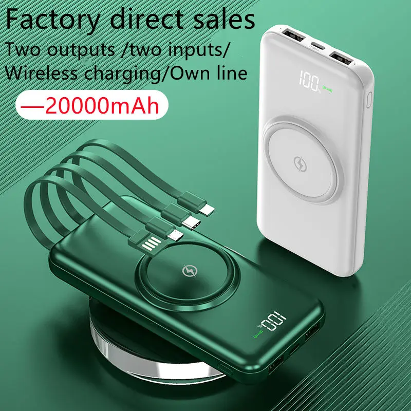 20000Mah Qi Wireless Power Bank With 4 Cables Fast Quick Charger Mobile Phone Portable Powerbank 20000Mah Charger
