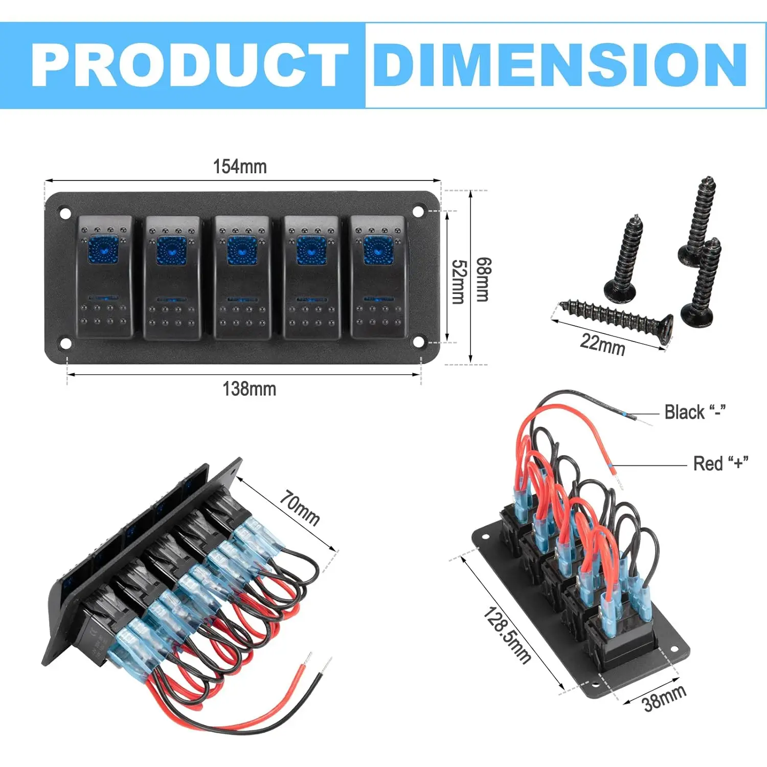 5 Gang Rocker Switch Panel Blue Backlit 12V 24V Pre-Wired Rocker Switch for Automotive Car Marine Boat RV