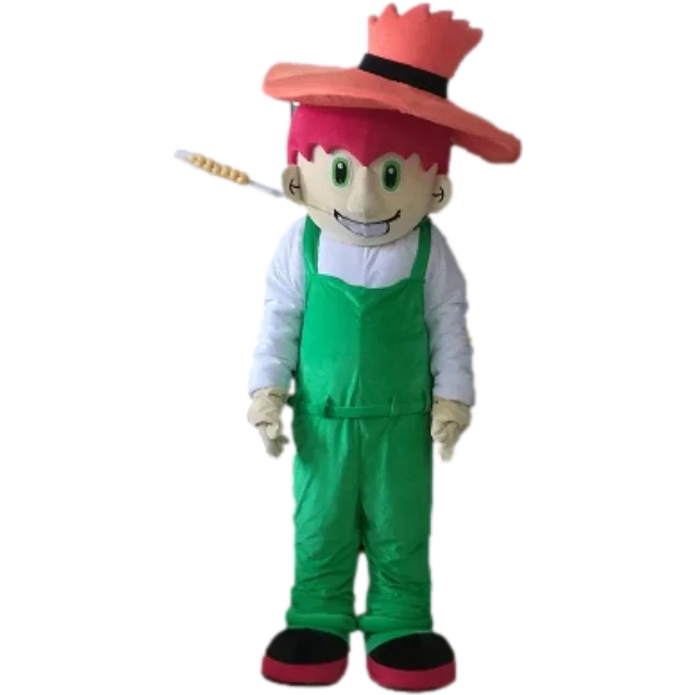 Custom made blue overall red hair farmer mascot costumes with wheat