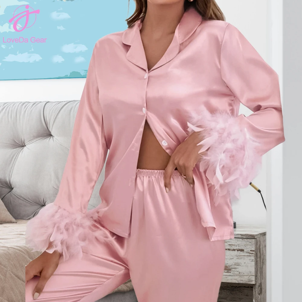 Wholesale Fashion Women Ice Silk Pajamas Ostrich Feather Shirt Trousers Loose Two Piece Plus Size Pajamas