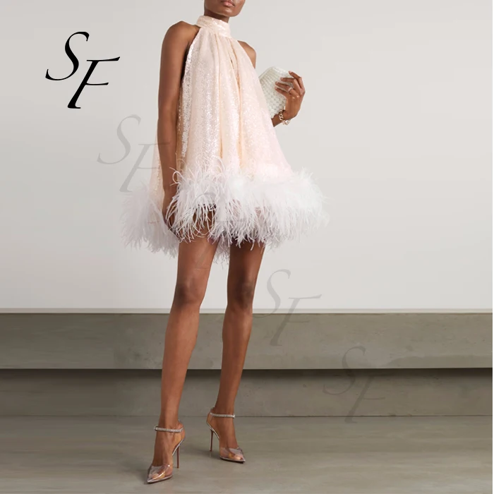 Star Fashion Ladies Party Evening Dress Custom Halter Neck Tulle Crystal Pink Tulle Dress with White Ostrich Feather Trim