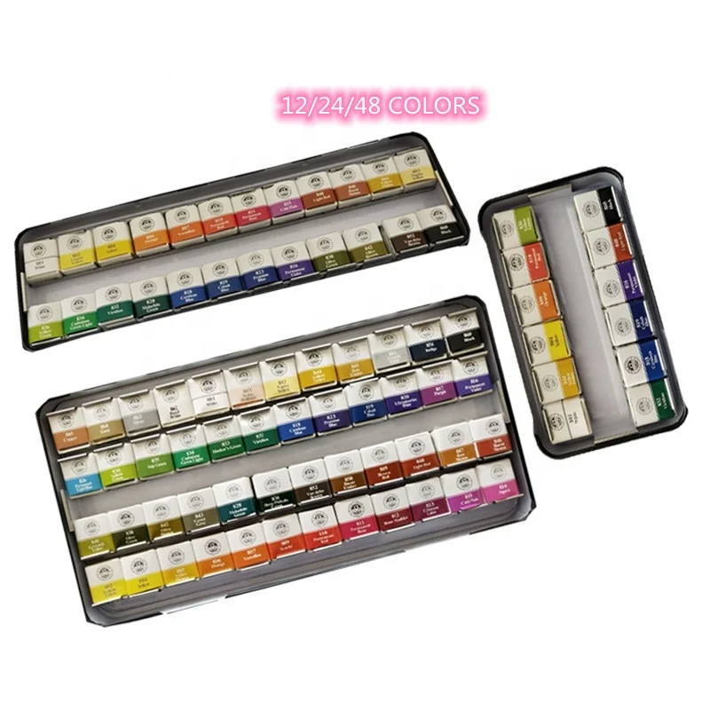 Wholesale 12 24 48 colours branded watercolour sets brush plate paint water colour